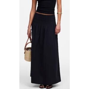 Madewell Smocked Waist Poplin Black Midi Skirt